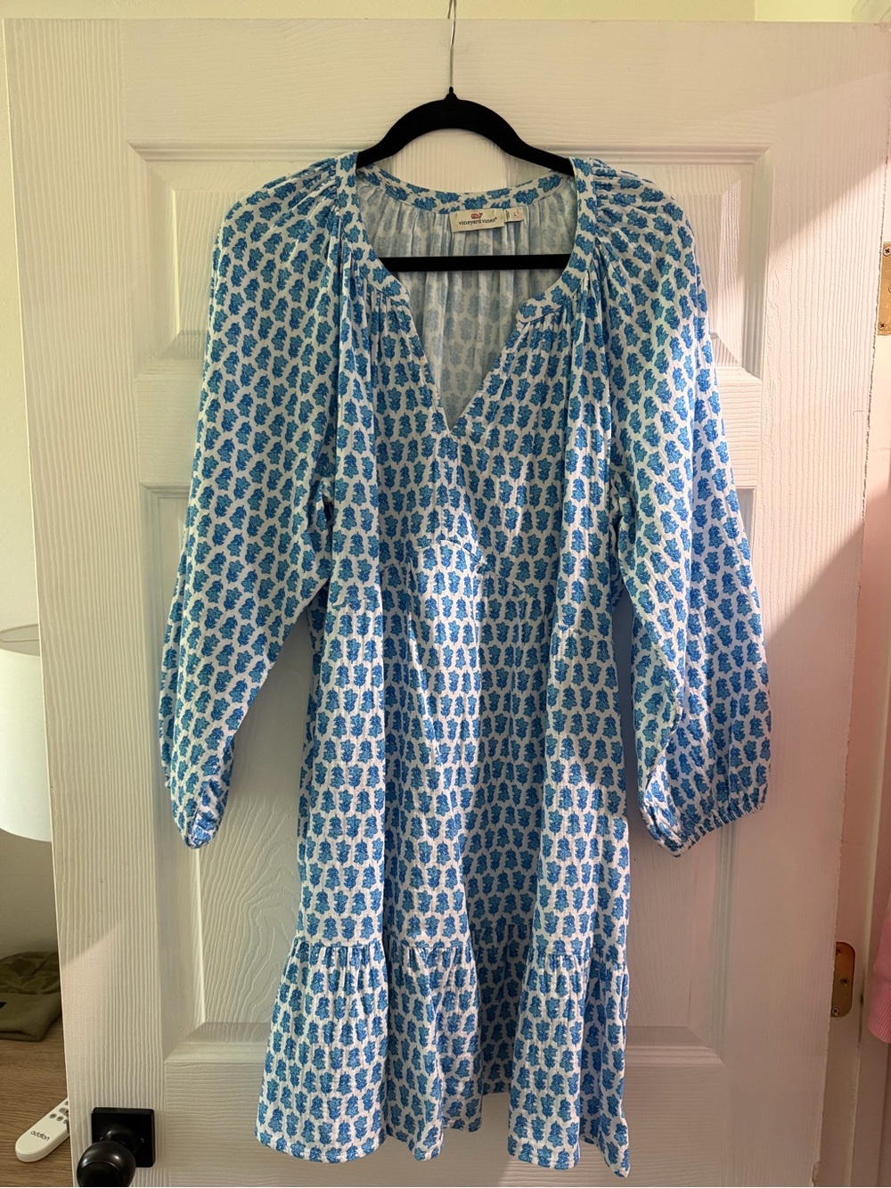 Vineyard Vines Blue and White Printed Long-Sleeve Tiered Dress